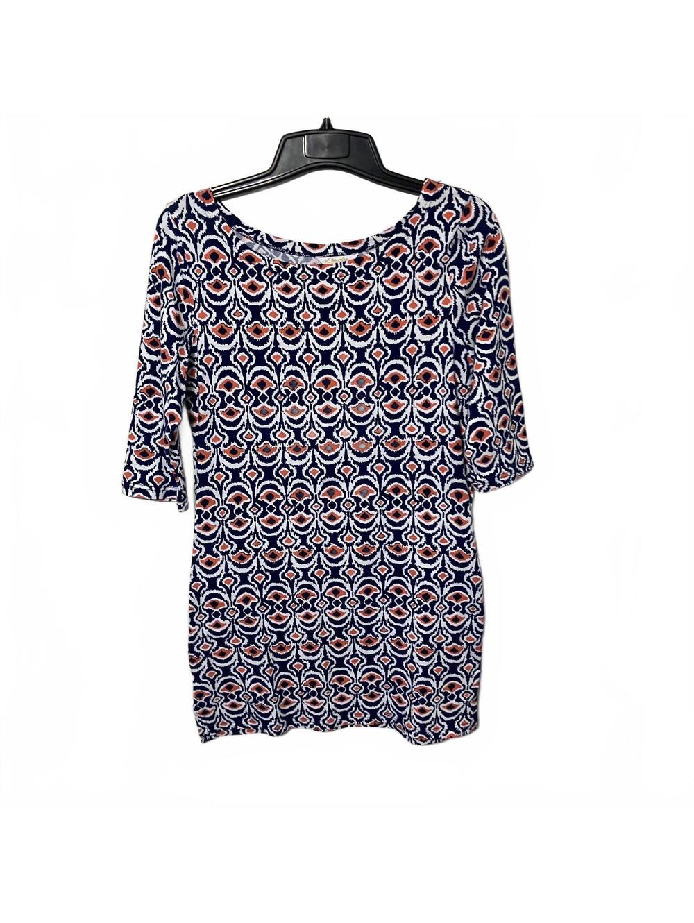 All For Color Women's Navy Orange Artsy Abstract 3/4 Sleeve Tunic Top Size Small